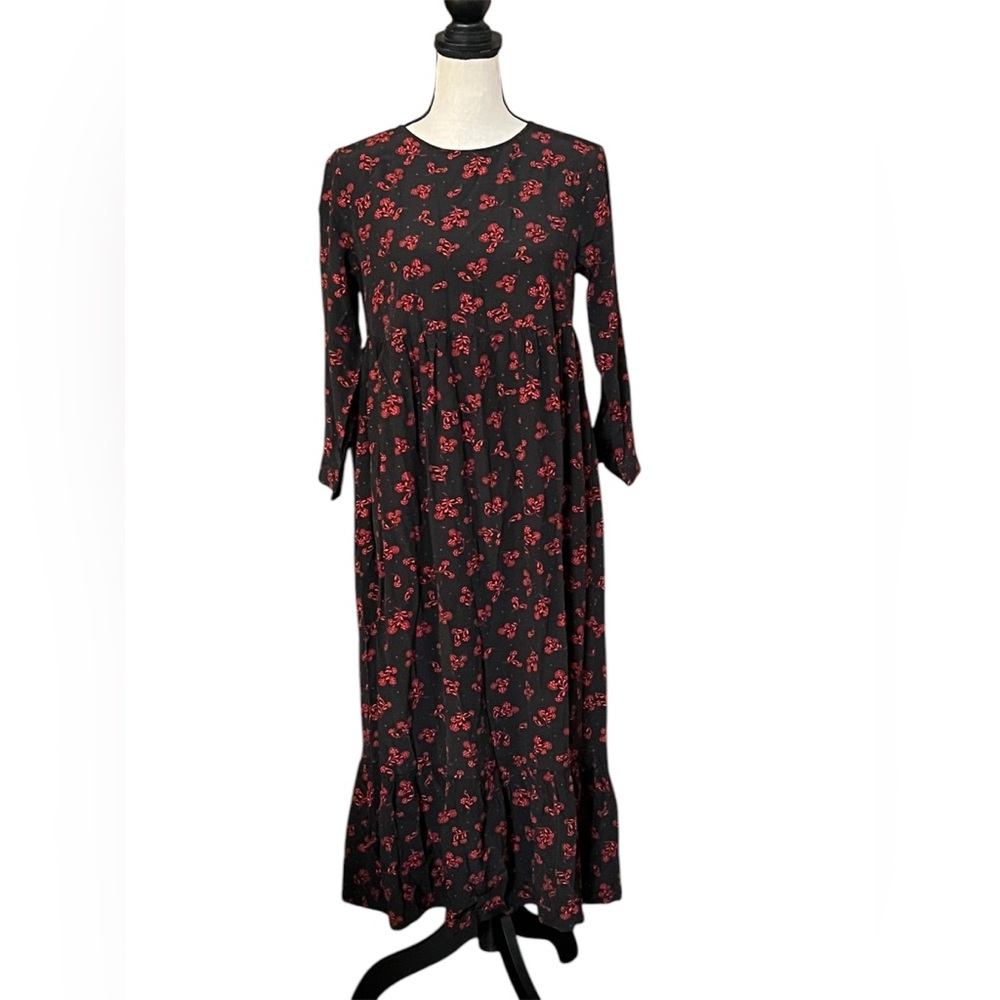 LOFT Dress Size XS Black Red Floral Prairie Midi Western Ruffle NWT